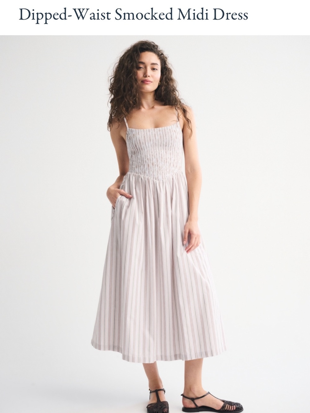 Abercrombie & Fitch Dipped Waist Smocked Midi Dress White Stripe